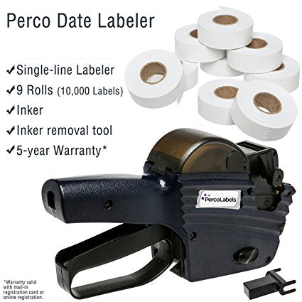 Perco Date Gun Labeler with Labels Date Coding Kit: Includes 8 Digits Gun Labeler, 10,000 White Labels, Label Remover, Bonus Ink Roll